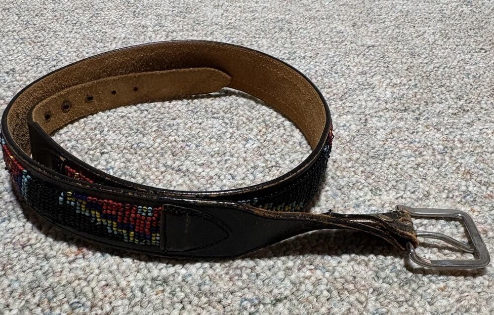 Vintage Beaded ~ SILVER CREEK COLLECTION ~ Leather Belt With Silver Buckle ~ 42”